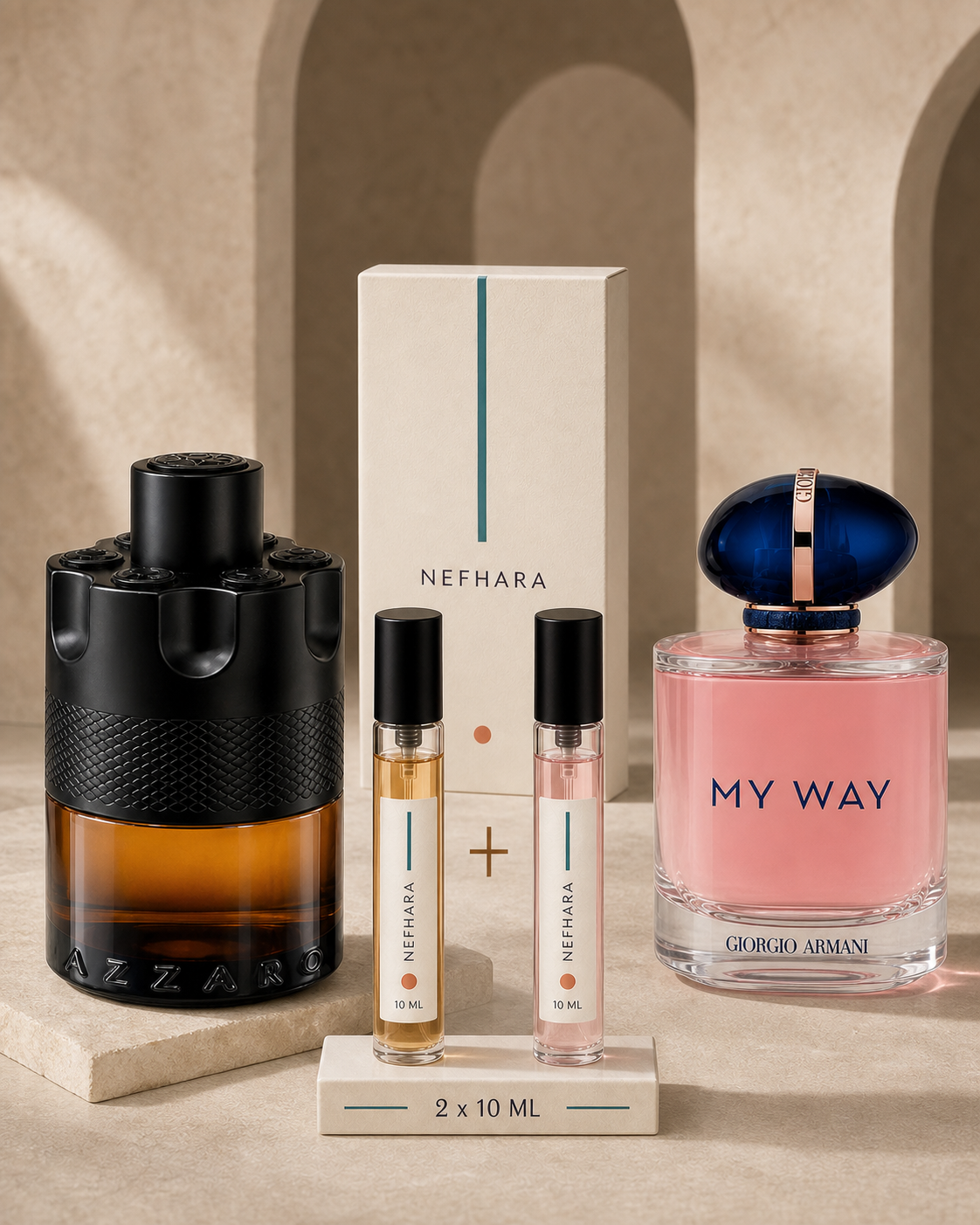 NEFHARA pack Azzaro plus My Way two 10 ml decants with both bottles visible